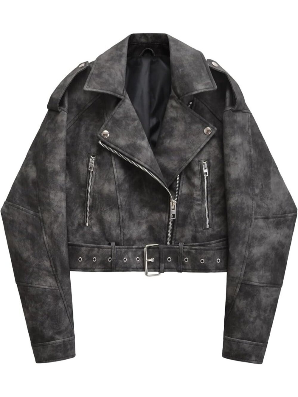Women's Camo Faux Leather Cropped Biker Jacket Vintage Short Belted Coat